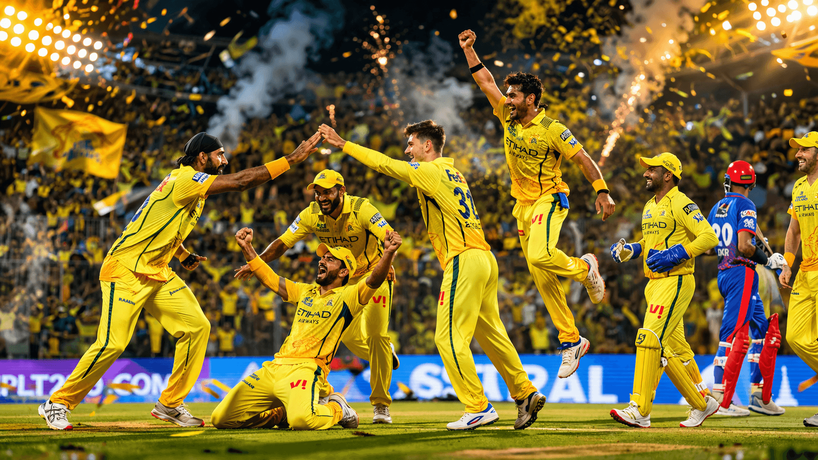 Sanju Samson celebrates during the CSK vs DC match result as Chennai Super Kings beat Delhi Capitals by 23 runs