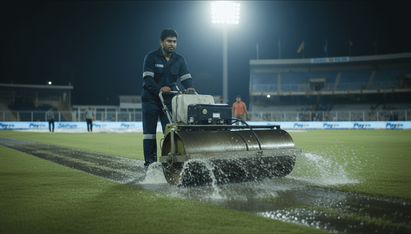 Ground worker operating water-removal equipment on a wet cricket field