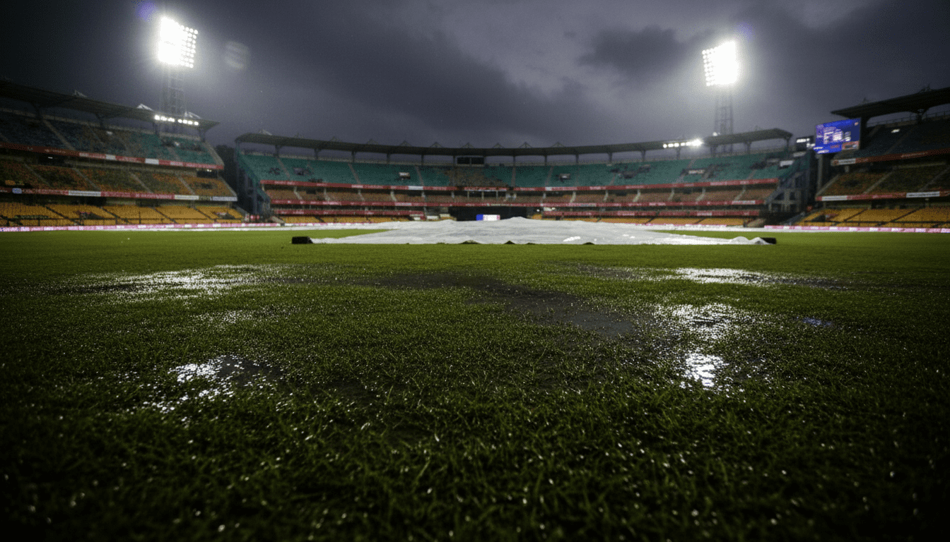 Puddles on a cricket ground beneath dark clouds