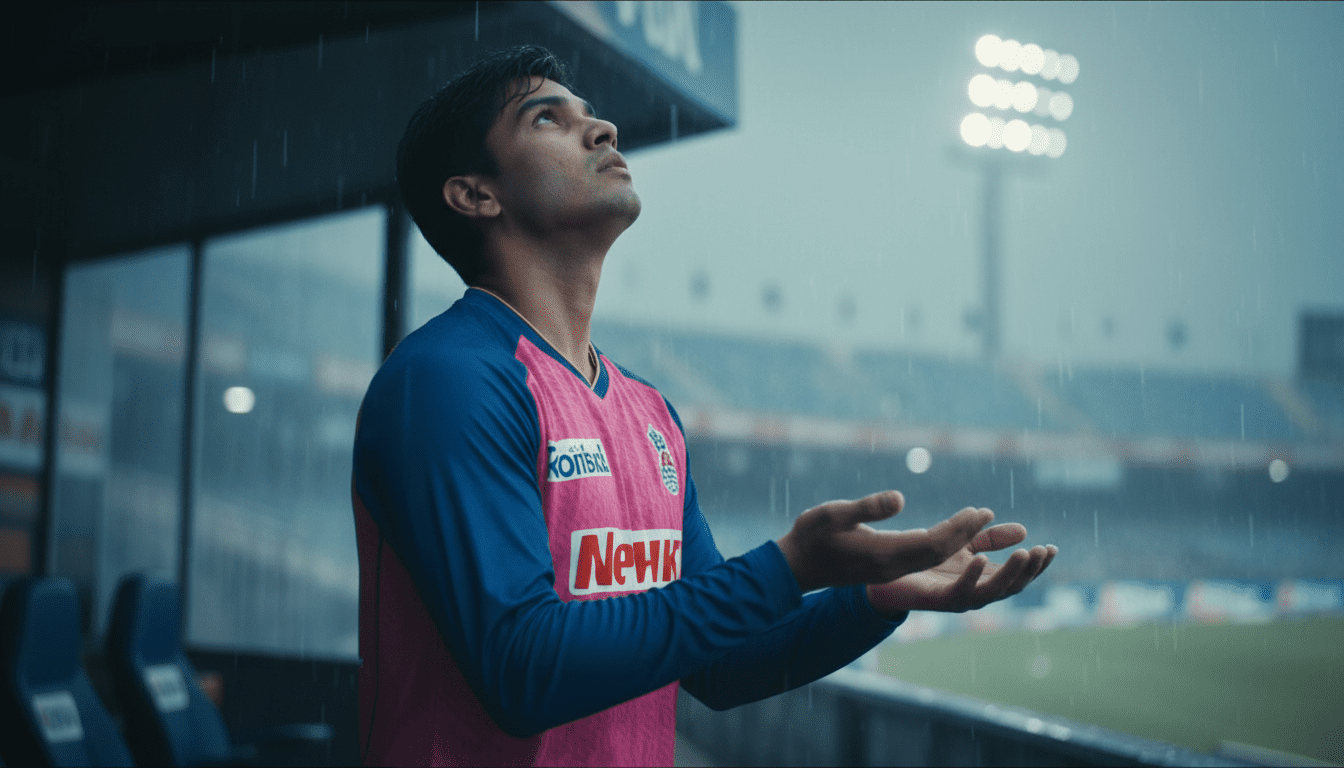 Rajasthan-themed player checking the rain beside the pavilion