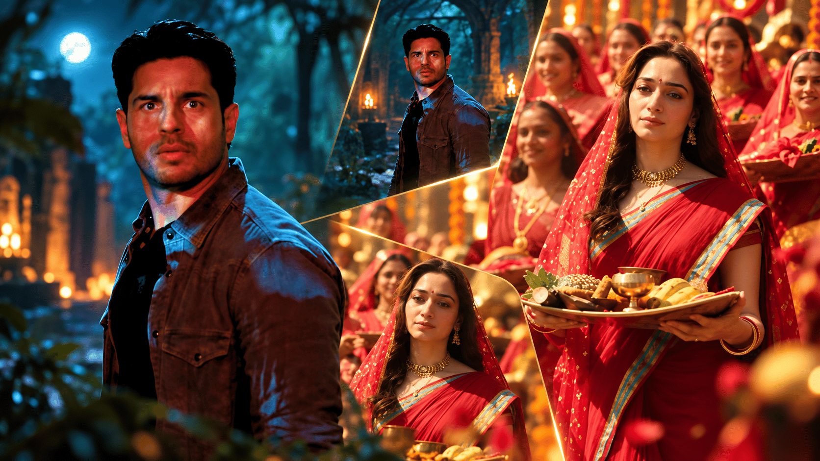 Sidharth Malhotra and Tamannaah Bhatia in an atmospheric scene from the folk thriller film The Vvaan Force of the Forrest.