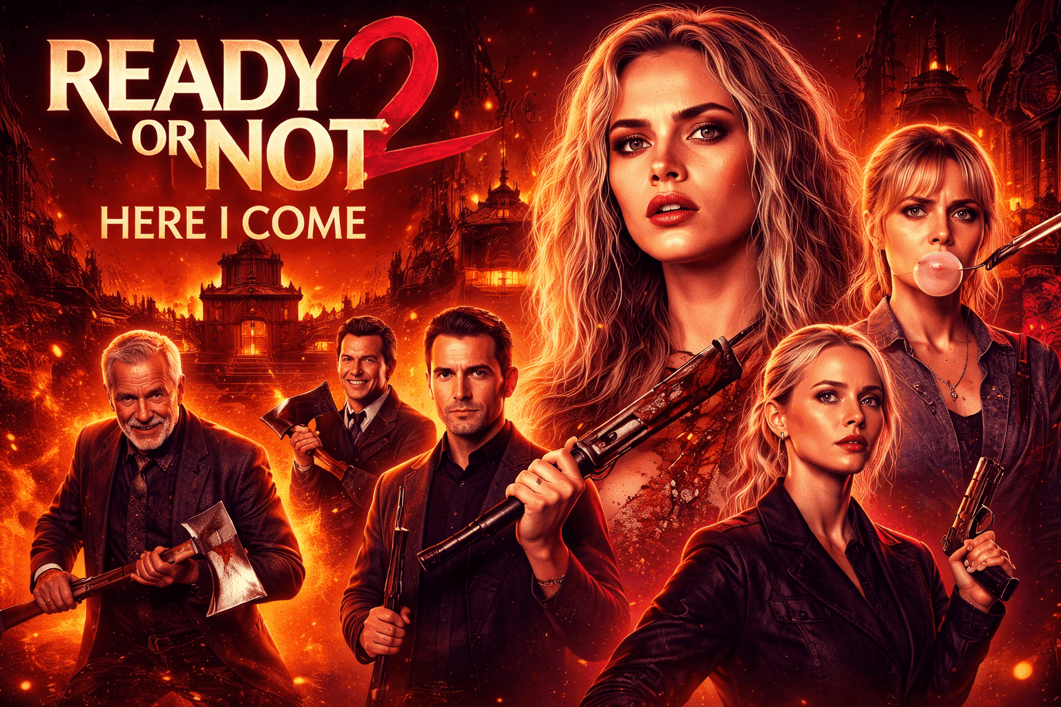 Ready or Not 2 film artwork with an ensemble of characters