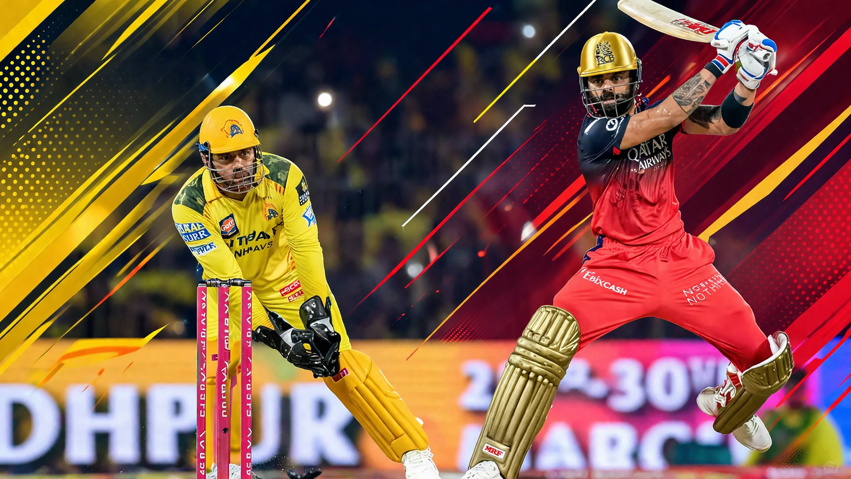 Chennai and Bengaluru-themed batters in a match illustration