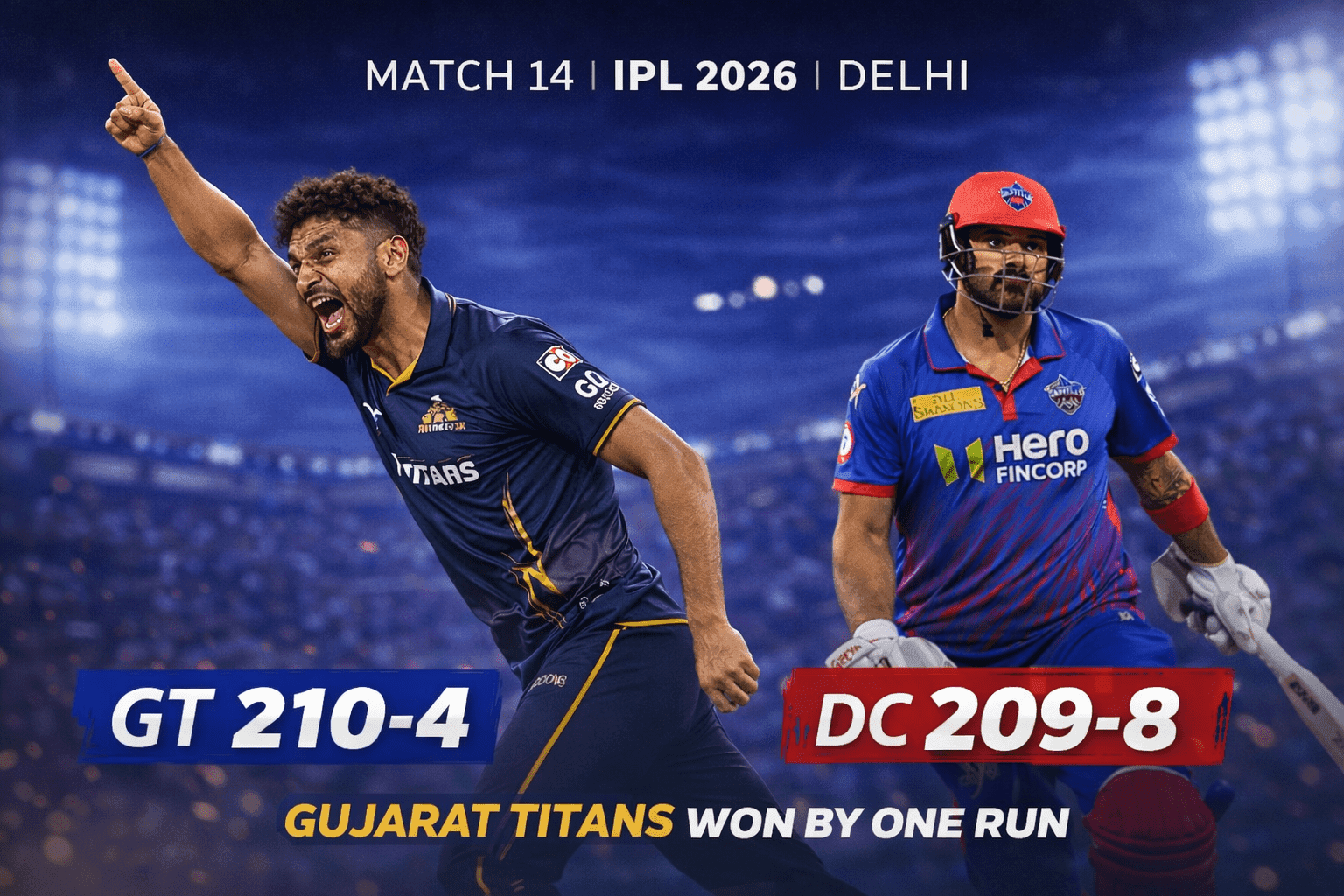 Gujarat versus Delhi match illustration displaying the reported one-run result