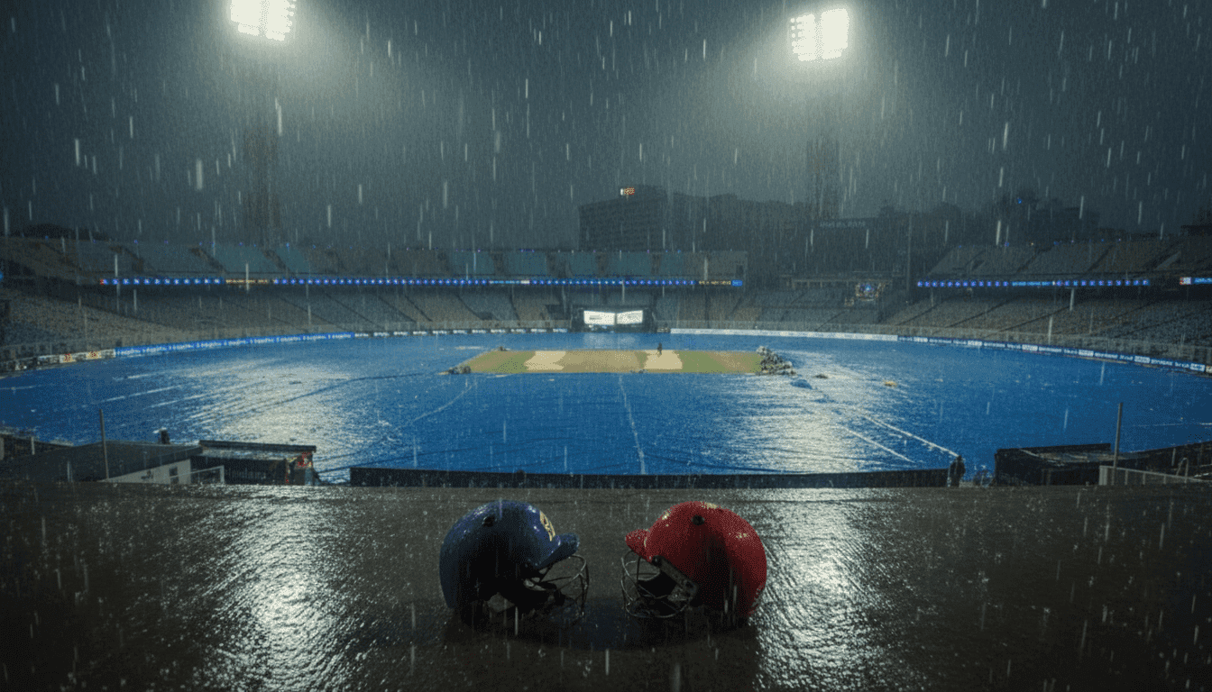 Rain falling over a cricket ground protected by covers
