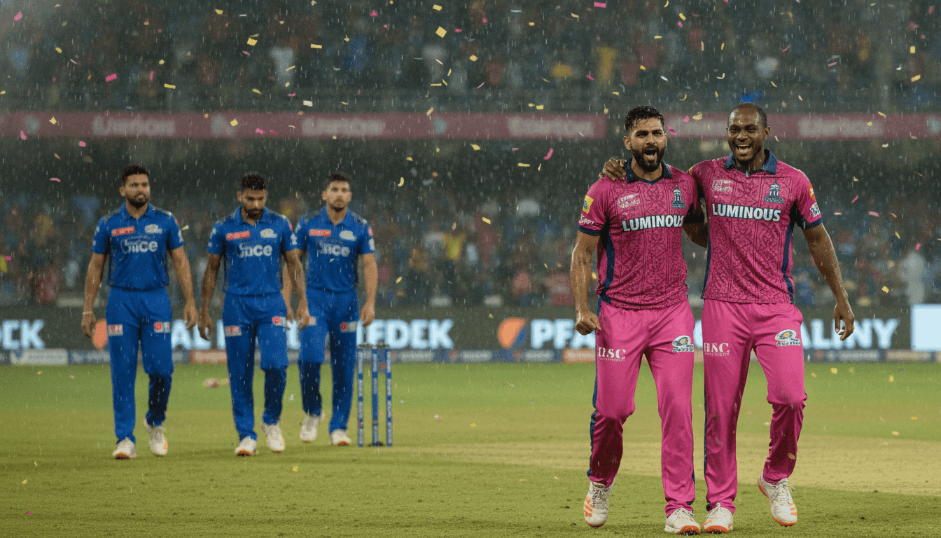 Rajasthan and Mumbai-themed cricket players on a rain-soaked field
