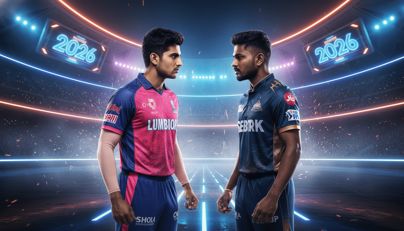 Rajasthan and Gujarat-themed players facing one another beneath stadium lights
