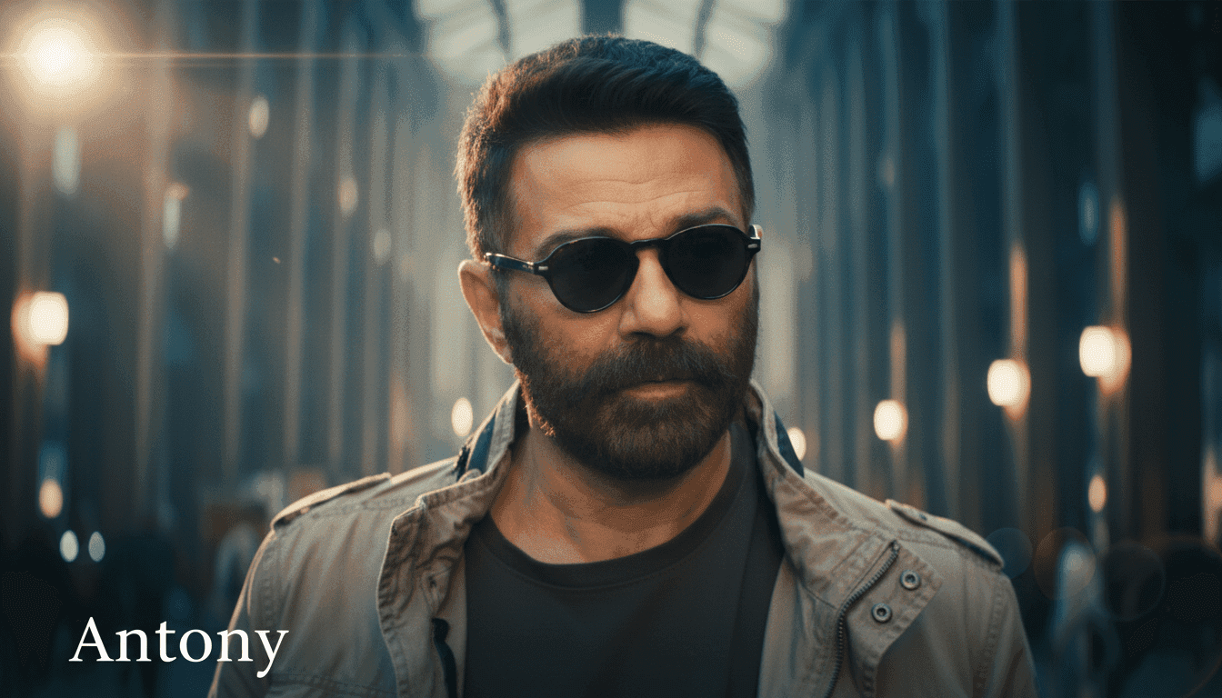 Antony-themed artwork of a bearded man wearing dark sunglasses