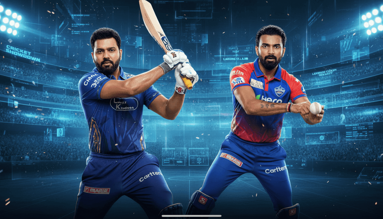 Mumbai and Delhi-themed cricket players in a stadium illustration