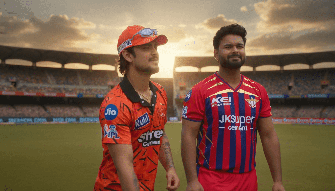 Hyderabad and Lucknow-themed players standing on a cricket field