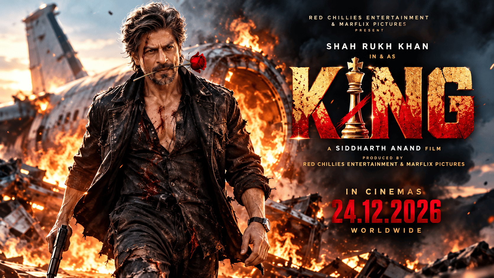 Shah Rukh Khan holding a gun with a red rose between his lips in the official King movie poster released October 27 2026