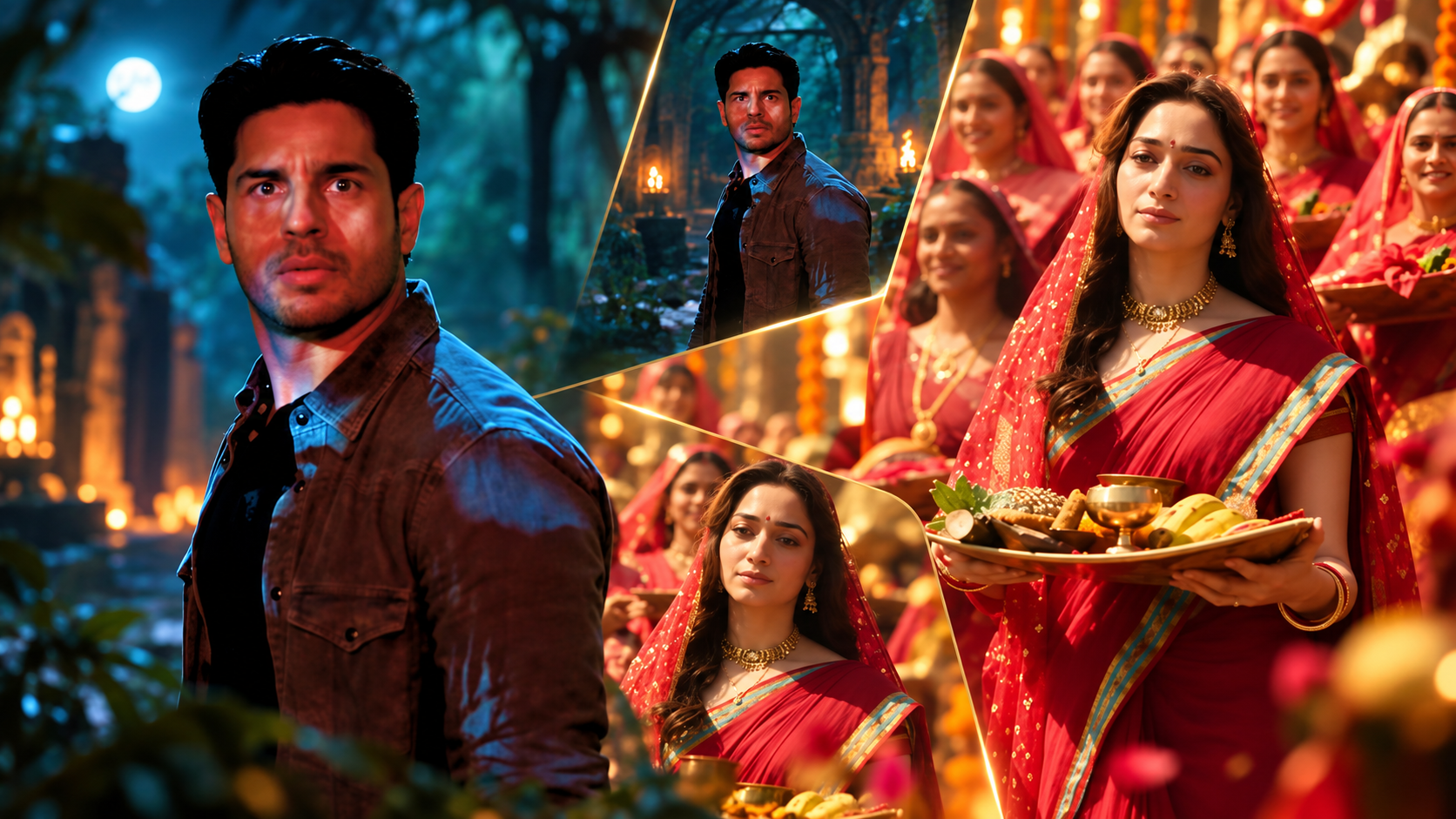 Sidharth Malhotra and Tamannaah Bhatia in an atmospheric scene from the folk thriller film The Vvaan Force of the Forrest.